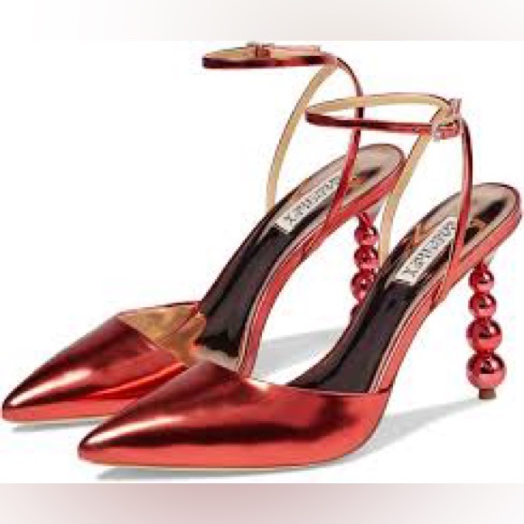 Badgley Mischka Shoes - Badgley Mischka 7.5 Indie II Ruby Red Pointed Toe Leather Pumps Ornamented Heel
